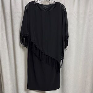 R & M Richards Black Fringe Dress SZ 12 poncho flapper style evening 20’s mature